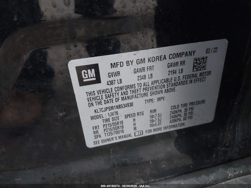 2022 Chevrolet Trax VIN KL7CJPSM1NB534930 IAAI salvage auction — HAIL, Salvage (Ohio), sold $525 on 2026-07-21 (photo 9)