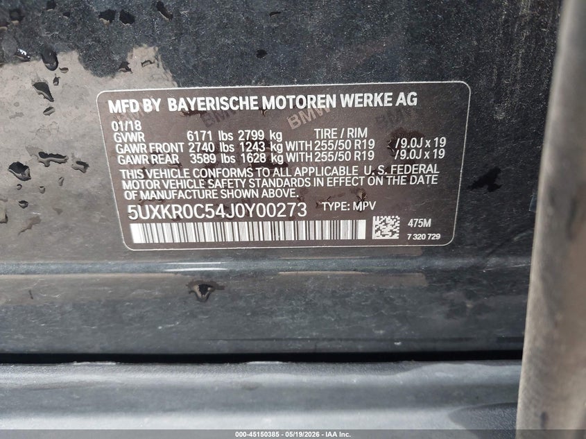 2018 BMW X5 VIN 5UXKR0C54J0Y00273 IAAI salvage auction — LEFT SIDE, Clear (Arkansas), sold $3,150 on 2026-07-29 (photo 9)