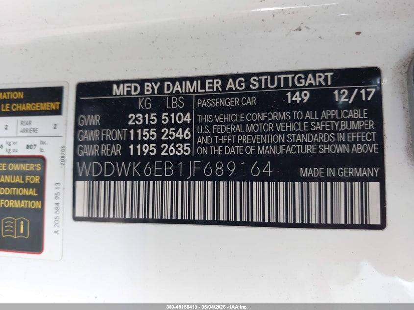 2018 Mercedes-benz VIN WDDWK6EB1JF689164 IAAI salvage auction — FRONT END, Original (Texas), sold $4,400 on 2026-07-08 (photo 9)