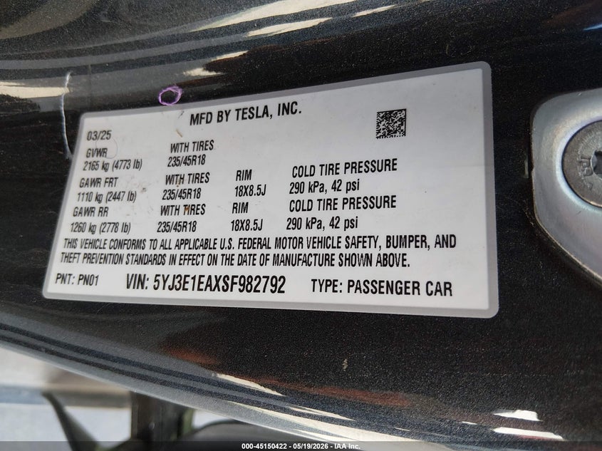 2025 Tesla Model 3 VIN 5YJ3E1EAXSF982792 IAAI salvage auction — LEFT SIDE, Salvage (Texas), sold $9,300 on 2026-07-23 (photo 9)