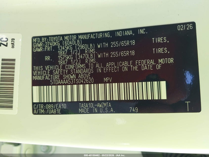 2026 Toyota VIN 5TDAAAA53TS042620 IAAI salvage auction — RIGHT FRONT, Rebuildable (Florida), sold $15,100 on 2026-07-30 (photo 9)