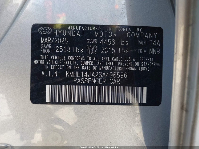 2025 Hyundai Sonata VIN KMHL14JA2SA496596 IAAI salvage auction — RIGHT REAR, Salvage (California), sold $9,100 on 2026-07-29 (photo 9)