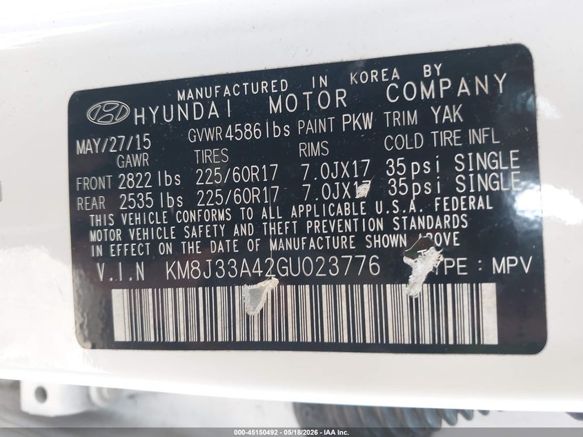 2016 Hyundai Tucson VIN KM8J33A42GU023776 IAAI salvage auction — SIDE, Clear (Maryland), sold $3,100 on 2026-07-16 (photo 9)
