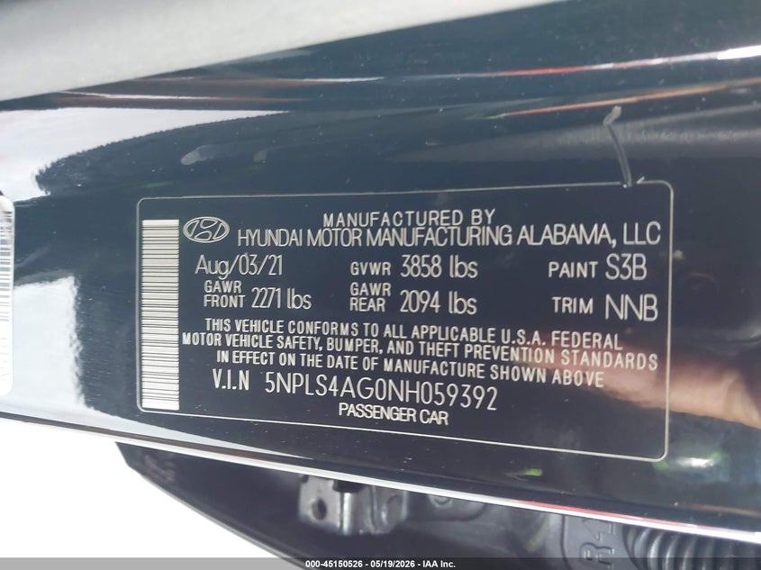 2022 Hyundai Elantra VIN 5NPLS4AG0NH059392 IAAI salvage auction — REAR END, Certificate Of Destruction (Florida), sold $3,150 on 2026-07-08 (photo 9)