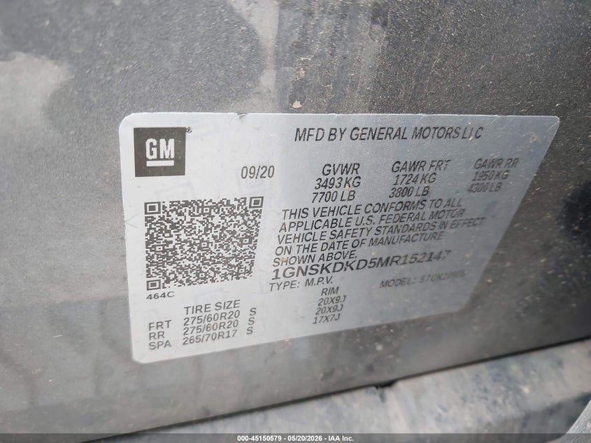 2021 Chevrolet Suburban VIN 1GNSKDKD5MR152147 IAAI salvage auction — HAIL, Original (Texas), sold $20,100 on 2026-07-28 (photo 9)