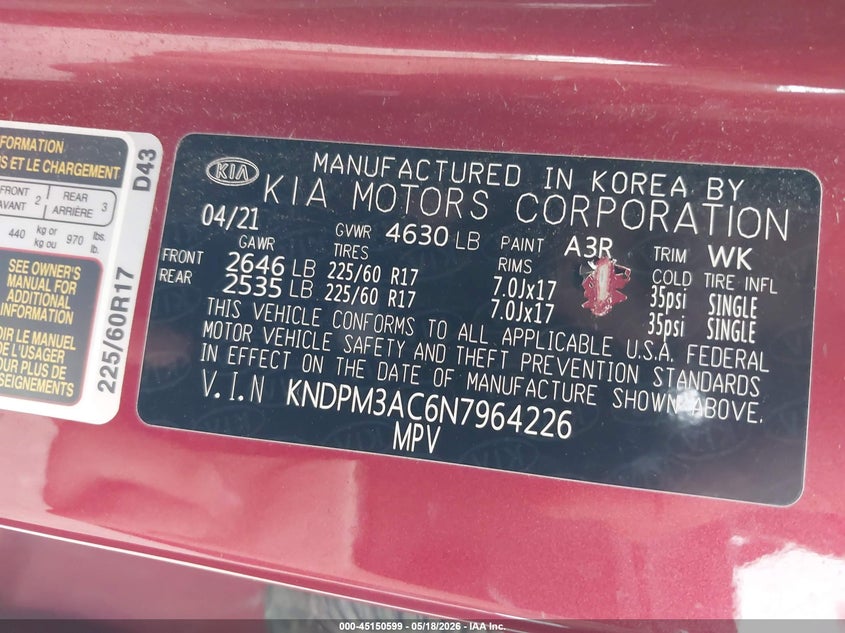 2022 Kia Sportage VIN KNDPM3AC6N7964226 IAAI salvage auction — HAIL, Salvage (Minnesota), sold $1,550 on 2026-07-29 (photo 9)
