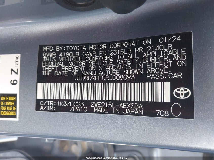 2024 Toyota Corolla VIN JTDBDMHE0RJ008093 IAAI salvage auction — FRONT END, Salvage (Arizona), sold $4,950 on 2026-07-14 (photo 9)