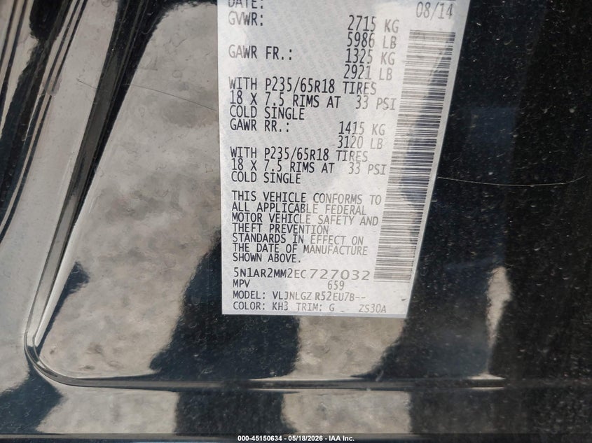 2014 Nissan Pathfinder VIN 5N1AR2MM2EC727032 IAAI salvage auction — NORMAL WEAR, Salvage (Texas), sold $650 on 2026-07-11 (photo 9)