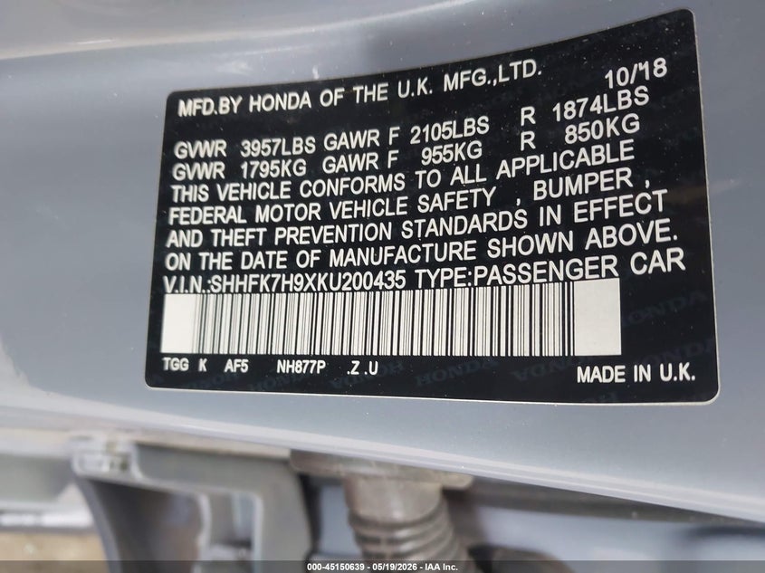 2019 Honda Civic VIN SHHFK7H9XKU200435 IAAI salvage auction — FRONT END, Salvage Title, sold $4,100 on 2026-08-02 (photo 9)