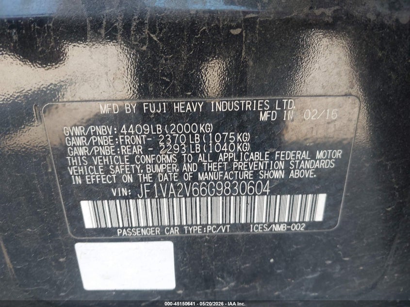 2016 Subaru Wrx sti VIN JF1VA2V66G9830604 IAAI salvage auction — FRONT END, Salvage (California), sold $975 on 2026-07-28 (photo 9)
