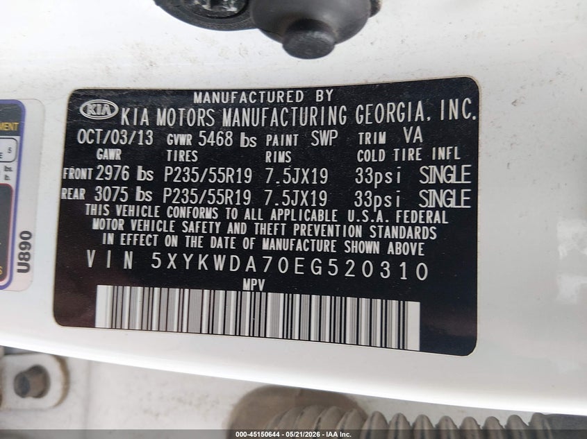 2014 Kia Sorento VIN 5XYKWDA70EG520310 IAAI salvage auction — HAIL, Salvage (Kansas), sold $475 on 2026-07-24 (photo 9)