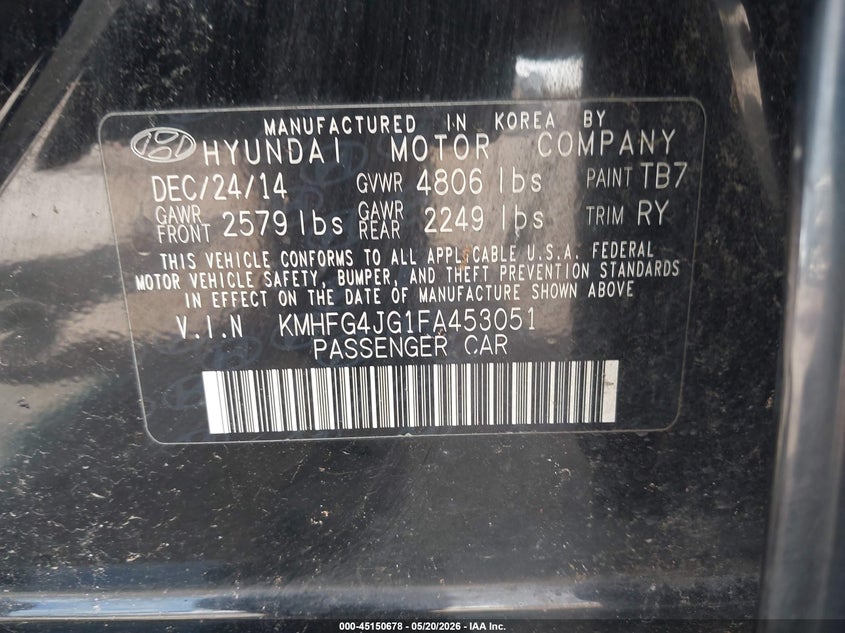 2015 Hyundai Azera VIN KMHFG4JG1FA453051 IAAI salvage auction — FRONT END, Original (Texas), sold $350 on 2026-07-14 (photo 9)