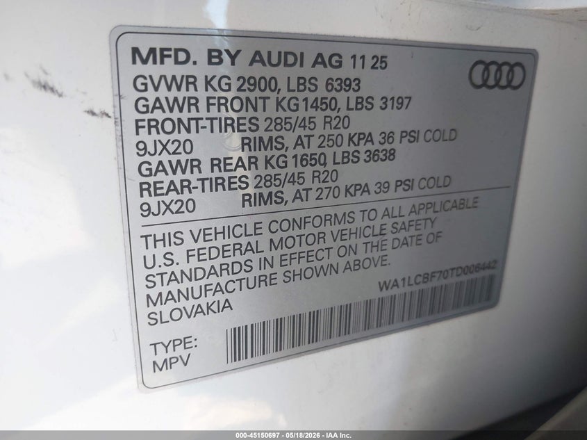 2026 Audi Q7 VIN WA1LCBF70TD006442 IAAI salvage auction — RIGHT SIDE, Salvage (California), sold $15,700 on 2026-07-29 (photo 9)