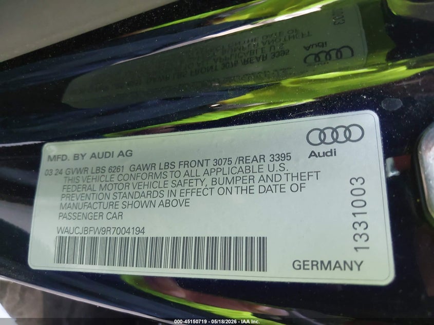 2024 Audi E-tron gt VIN WAUCJBFW9R7004194 IAAI salvage auction — LEFT REAR, Salvage Certificate (California), sold $26,500 on 2026-07-22 (photo 9)
