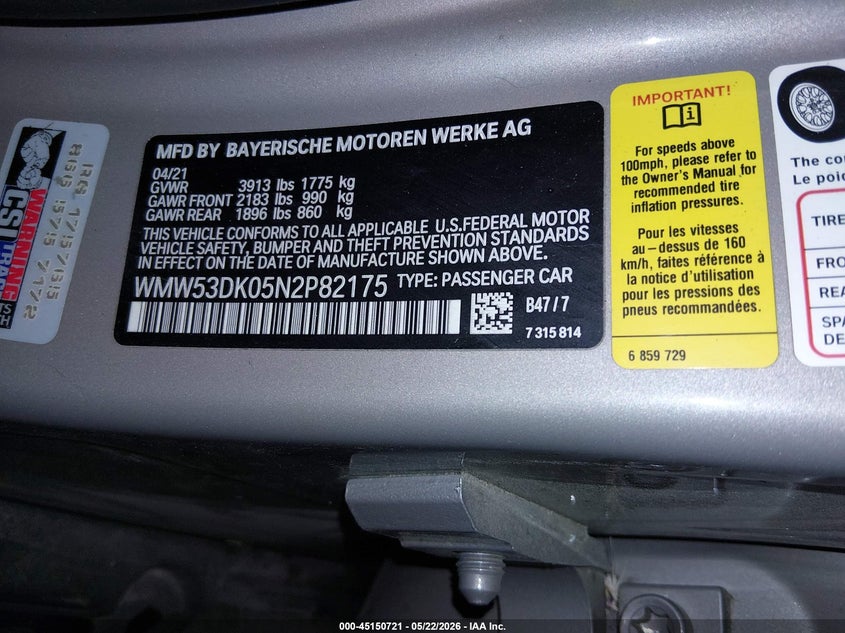 2022 Mini Hard top VIN WMW53DK05N2P82175 IAAI salvage auction — ROLLOVER, Salvage (Idaho), sold $3,475 on 2026-07-10 (photo 9)