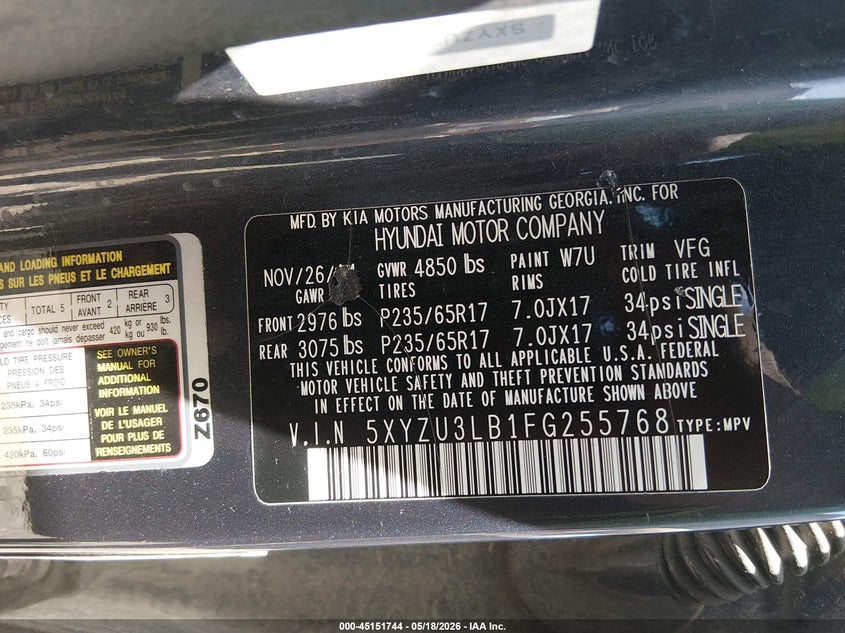 2015 Hyundai Santa fe VIN 5XYZU3LB1FG255768 IAAI salvage auction — NORMAL WEAR, Original (Ohio), sold $1,200 on 2026-07-29 (photo 9)
