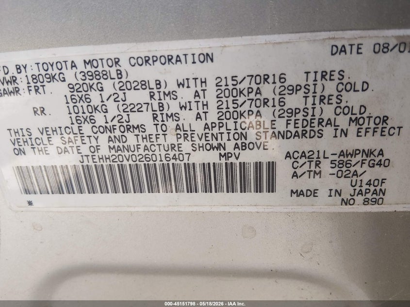 2002 Toyota Rav 4 VIN JTEHH20V026016407 IAAI salvage auction — NORMAL WEAR, Clear (Minnesota), sold $675 on 2026-07-13 (photo 9)