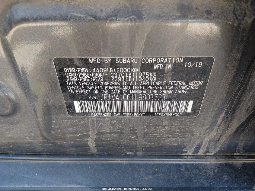 2020 Subaru Wrx VIN JF1VA1C61L9803723 IAAI salvage auction — FRONT END, Salvage (New Hampshire), sold $550 on 2026-07-29 (photo 9)
