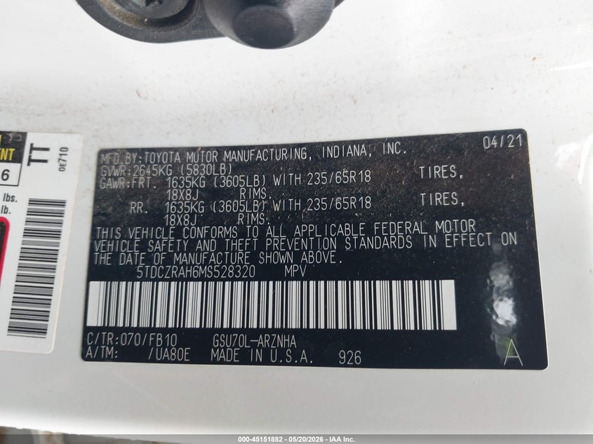 2021 Toyota Highlander VIN 5TDCZRAH6MS528320 IAAI salvage auction — FRONT END, Clear (Oklahoma), sold $12,200 on 2026-07-29 (photo 9)