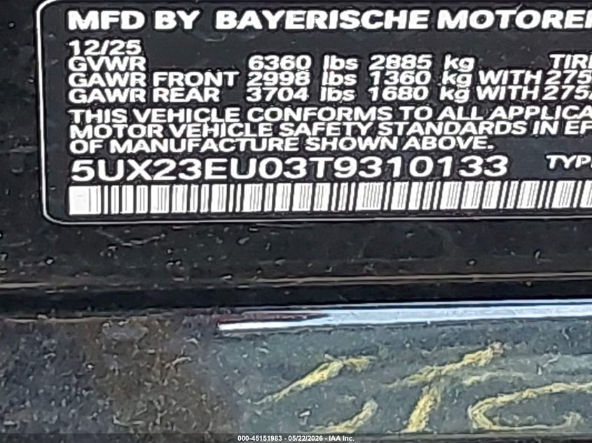 2026 BMW X5 VIN 5UX23EU03T9310133 IAAI salvage auction — FRONT END, Mv-907A (New York), sold $31,100 on 2026-07-13 (photo 9)