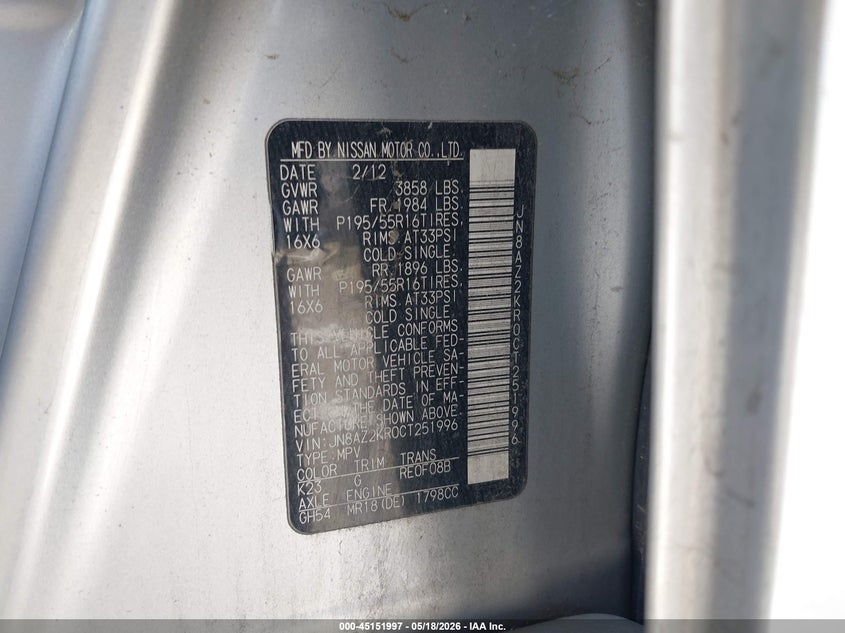 2012 Nissan Cube VIN JN8AZ2KR0CT251996 IAAI salvage auction — NORMAL WEAR, Clear - Dealer Only (California), sold $675 on 2026-07-28 (photo 9)