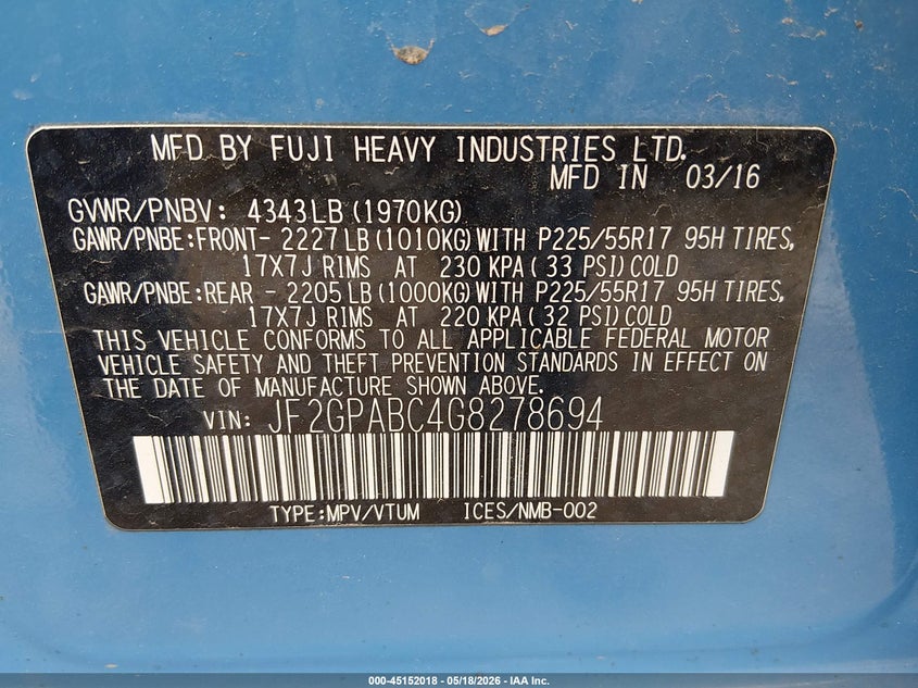 2016 Subaru Xv VIN JF2GPABC4G8278694 IAAI salvage auction — NORMAL WEAR, Salvage (Idaho), sold $1,050 on 2026-07-09 (photo 9)