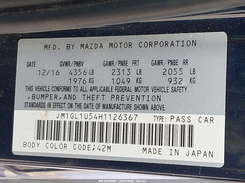 2017 Mazda VIN JM1GL1U54H1126367 IAAI salvage auction — REAR END, Salvage (California), sold $2,625 on 2026-07-15 (photo 9)