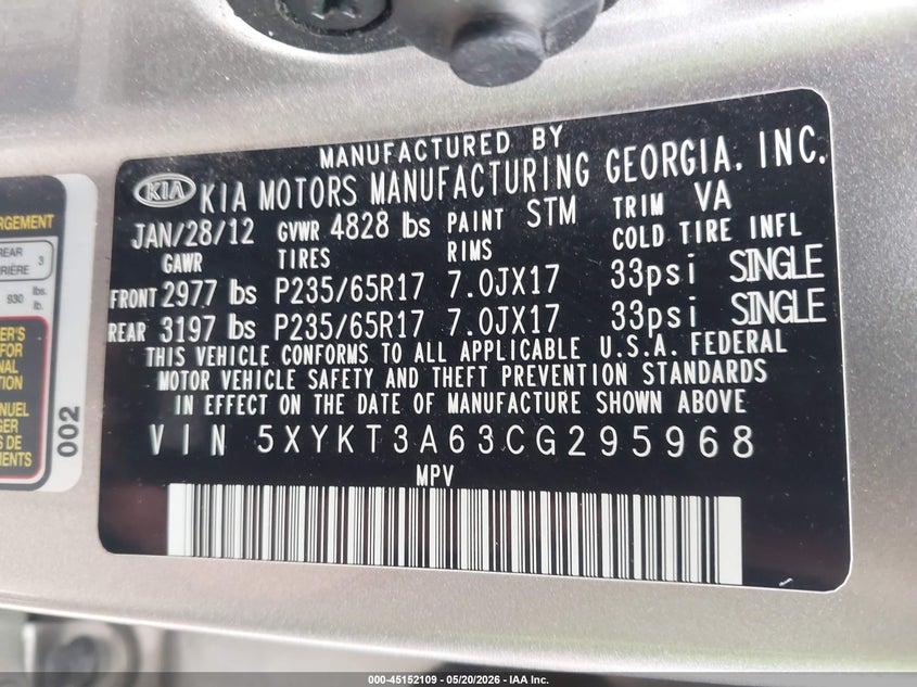 2012 Kia Sorento VIN 5XYKT3A63CG295968 IAAI salvage auction — NORMAL WEAR, Clear (Missouri), sold $675 on 2026-07-28 (photo 9)
