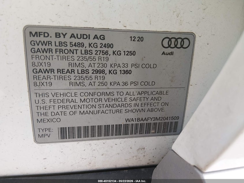 2021 Audi Q5 VIN WA1BAAFY3M2041509 IAAI salvage auction — FRONT END, Salvage (Ohio), sold $12,150 on 2026-07-28 (photo 9)