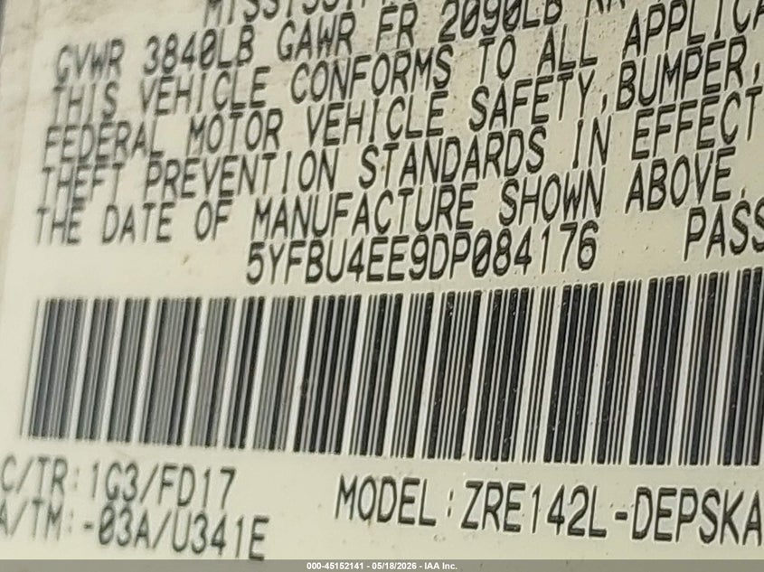 2013 Toyota Corolla VIN 5YFBU4EE9DP084176 IAAI salvage auction — FRONT & REAR, Original (Texas), sold $1,625 on 2026-07-17 (photo 9)