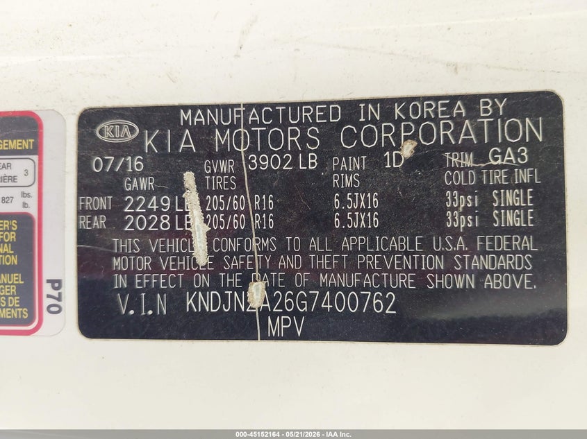 2016 Kia Soul VIN KNDJN2A26G7400762 IAAI salvage auction — FRONT & REAR, Salvage (Iowa), sold $450 on 2026-07-13 (photo 9)