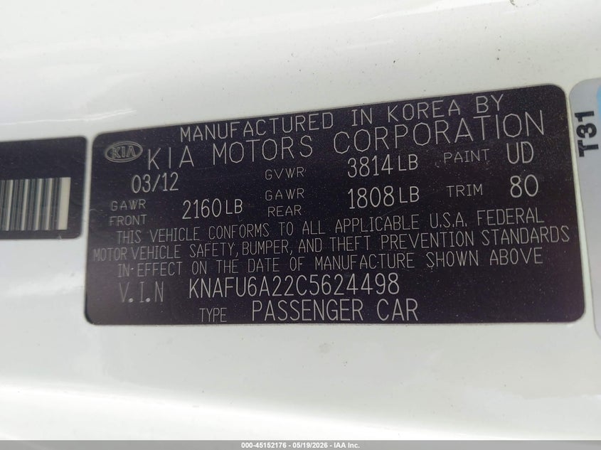 2012 Kia Forte VIN KNAFU6A22C5624498 IAAI salvage auction — LEFT FRONT, Salvage (Arizona), sold $500 on 2026-07-23 (photo 9)