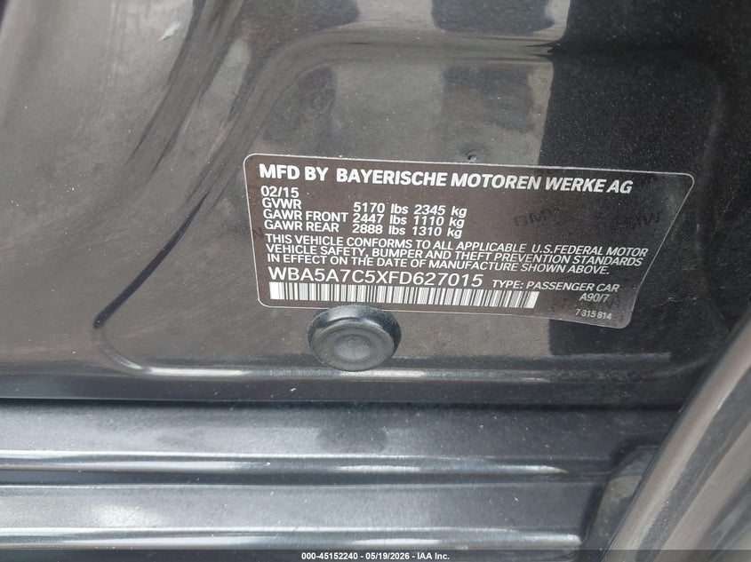 2015 BMW 5er VIN WBA5A7C5XFD627015 IAAI salvage auction — RIGHT SIDE, Salvage (Texas), sold $3,200 on 2026-07-15 (photo 9)