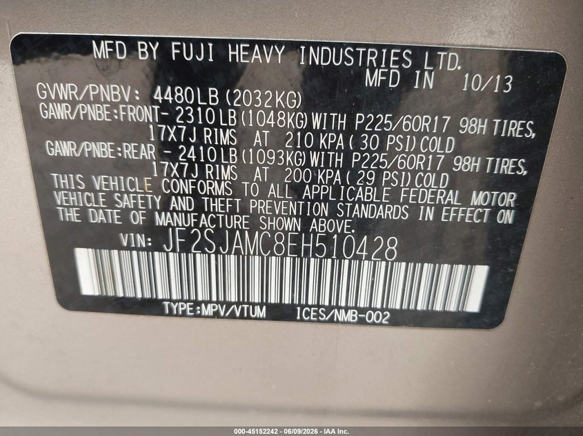 2014 Subaru Forester VIN JF2SJAMC8EH510428 IAAI salvage auction — UNKNOWN, Salvage Title, sold $750 on 2026-07-22 (photo 9)