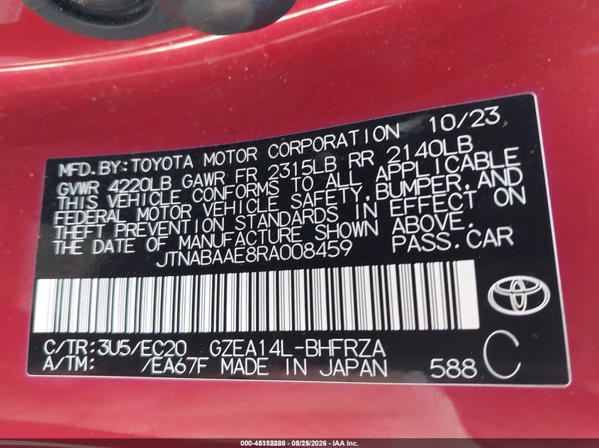 2024 Toyota Corolla VIN JTNABAAE8RA008459 IAAI salvage auction — FRONT END, Salvage (Missouri), sold $7,150 on 2026-07-21 (photo 9)