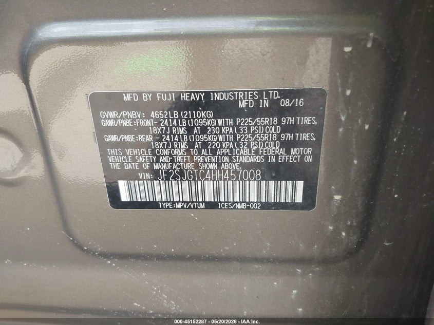 2017 Subaru Forester VIN JF2SJGTC4HH457008 IAAI salvage auction — NORMAL WEAR, Salvage (Texas), sold $1,375 on 2026-07-31 (photo 9)