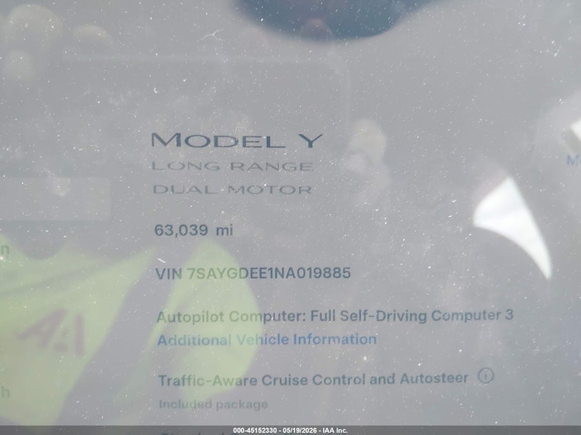 2022 Tesla Model y VIN 7SAYGDEE1NA019885 IAAI salvage auction — RIGHT FRONT, Original (Texas), sold $10,000 on 2026-07-29 (photo 7)