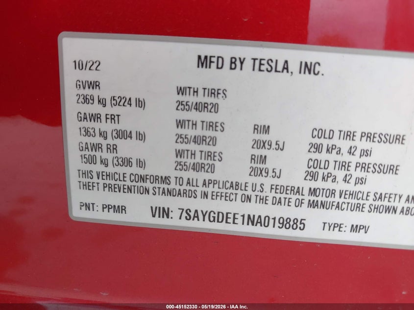 2022 Tesla Model y VIN 7SAYGDEE1NA019885 IAAI salvage auction — RIGHT FRONT, Original (Texas), sold $10,000 on 2026-07-29 (photo 9)