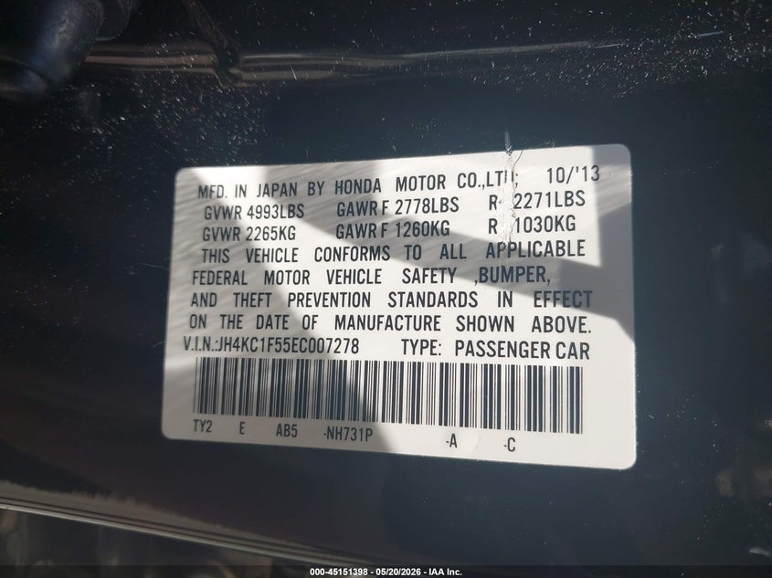 2014 Acura RLX VIN JH4KC1F55EC007278 IAAI salvage auction — FRONT END, Salvage (Georgia), sold $500 on 2026-07-25 (photo 9)