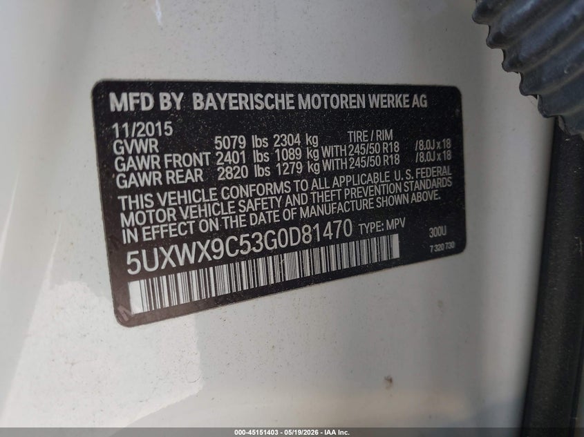 2016 BMW X3 VIN 5UXWX9C53G0D81470 IAAI salvage auction — FRONT END, Mv-907A (New York), sold $450 on 2026-07-28 (photo 9)