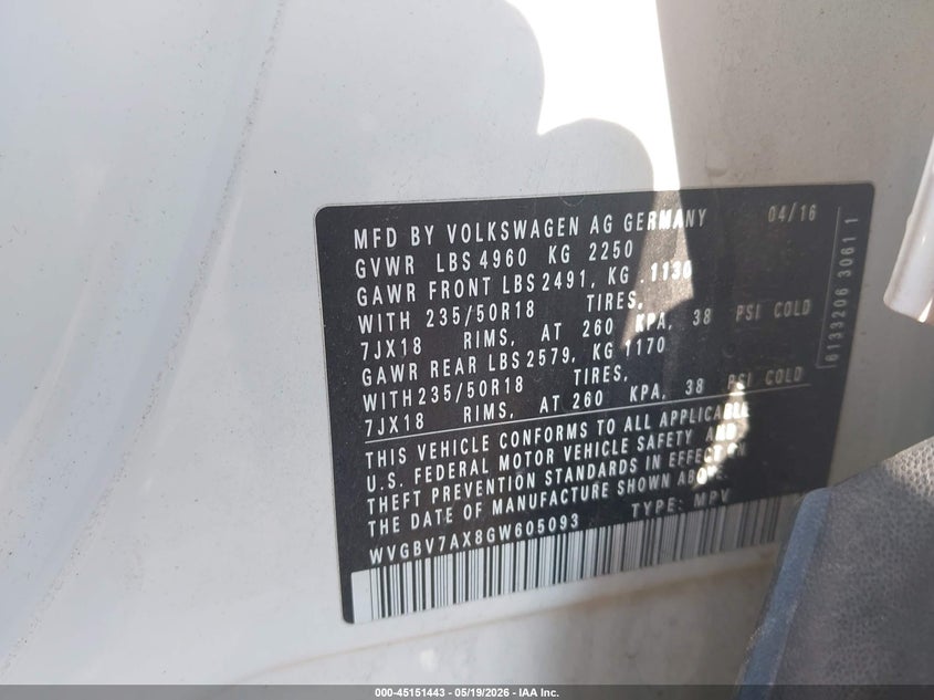 2016 Volkswagen Tiguan VIN WVGBV7AX8GW605093 IAAI salvage auction — FRONT END, Salvage (Pennsylvania), sold $1,450 on 2026-07-10 (photo 9)