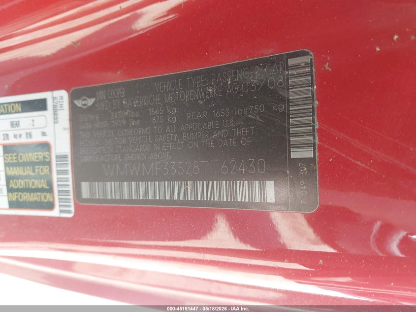 2008 Mini Cooper VIN WMWMF33528TT62430 IAAI salvage auction — FRONT END, Bill Of Sale (New York), sold $450 on 2026-08-11 (photo 9)