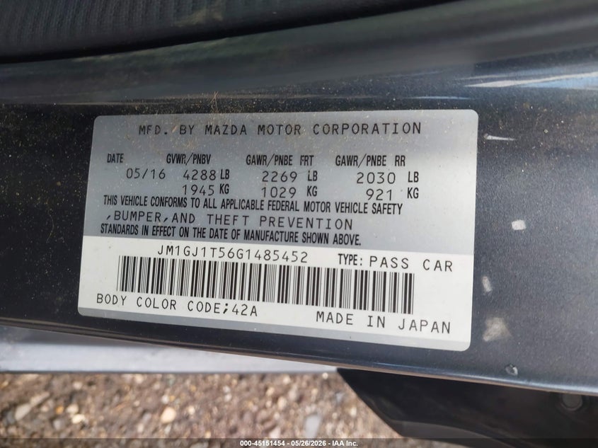 2016 Mazda 6 VIN JM1GJ1T56G1485452 IAAI salvage auction — FRONT END, Salvage (Alabama), sold $250 on 2026-07-29 (photo 9)