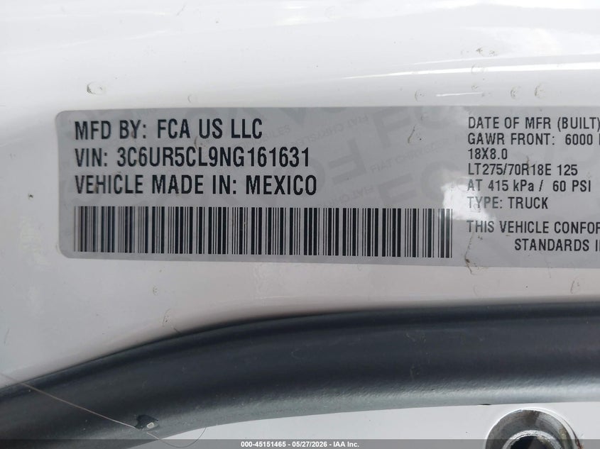 2022 Ram 2500 VIN 3C6UR5CL9NG161631 IAAI salvage auction — ROLLOVER, Clear (Hawaii), sold $75 on 2026-08-14 (photo 9)