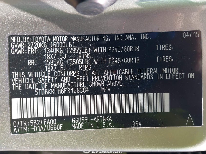 2015 Toyota Highlander VIN 5TDBKRFH6FS158384 IAAI salvage auction — FRONT END, Salvage - Greater Than 75% (Maryland), sold $5,600 on 2026-07-30 (photo 9)