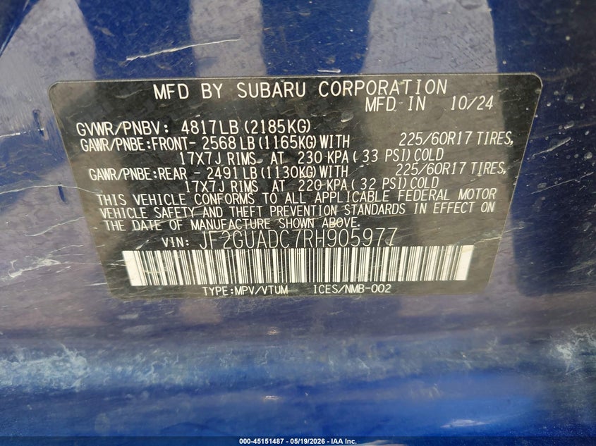 2024 Subaru Xv VIN JF2GUADC7RH905977 IAAI salvage auction — FRONT END, Original (Texas), sold $2,350 on 2026-07-29 (photo 9)