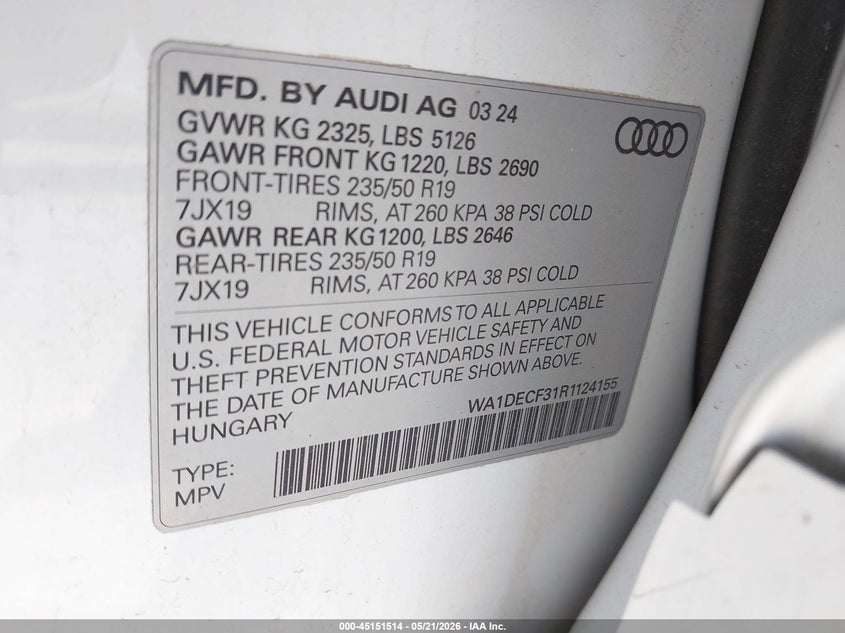 2024 Audi Q3 VIN WA1DECF31R1124155 IAAI salvage auction — FRONT & REAR, Mv-907A (New York), sold $4,775 on 2026-07-14 (photo 9)