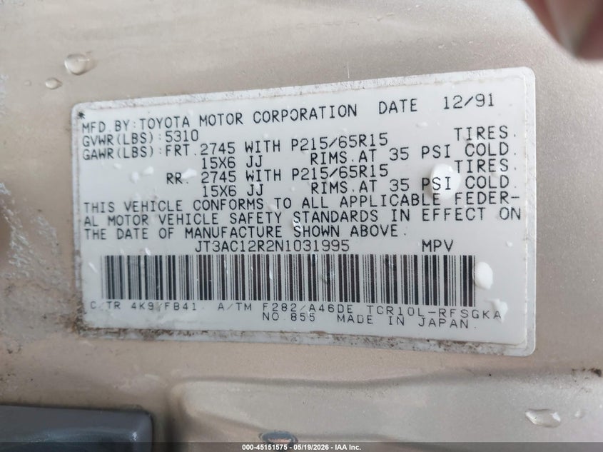 1992 Toyota PREVIA VIN JT3AC12R2N1031995 IAAI salvage auction — FRONT & REAR, Repossession Paperwork (Georgia), sold $25 on 2026-07-21 (photo 9)