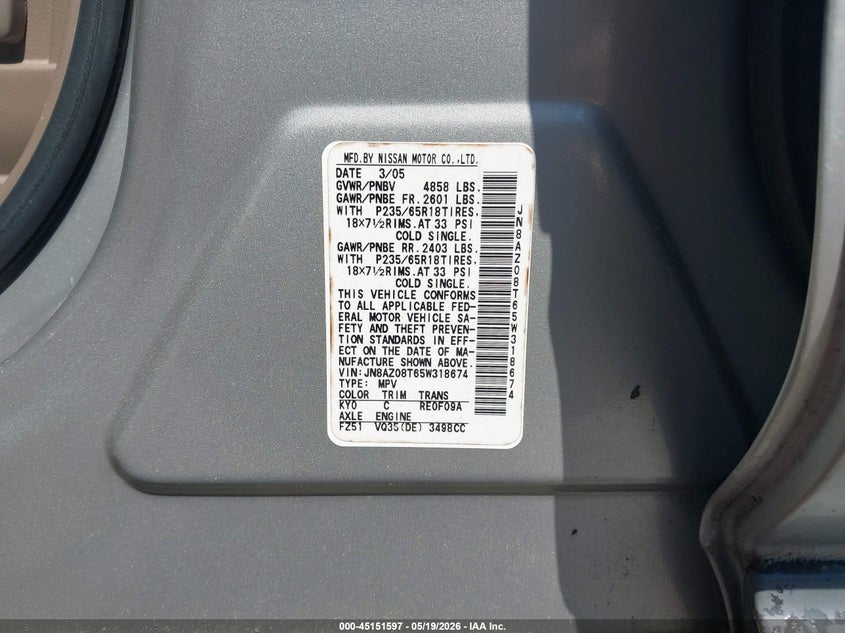 2005 Nissan Murano VIN JN8AZ08T65W318674 IAAI salvage auction — LEFT REAR, Repossession Paperwork (Georgia), sold $300 on 2026-07-08 (photo 9)