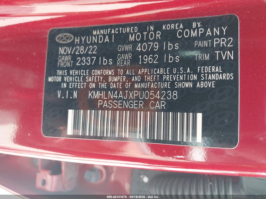 2023 Hyundai Elantra VIN KMHLN4AJXPU054238 IAAI salvage auction — FRONT END, Mv-907A (New York), sold $5,150 on 2026-07-07 (photo 9)